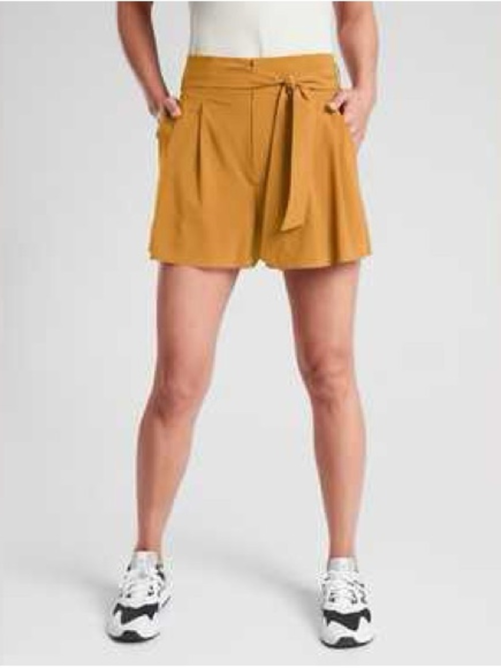 Athleta High-Waist Mustard Paperbag Shorts with Tie Belt